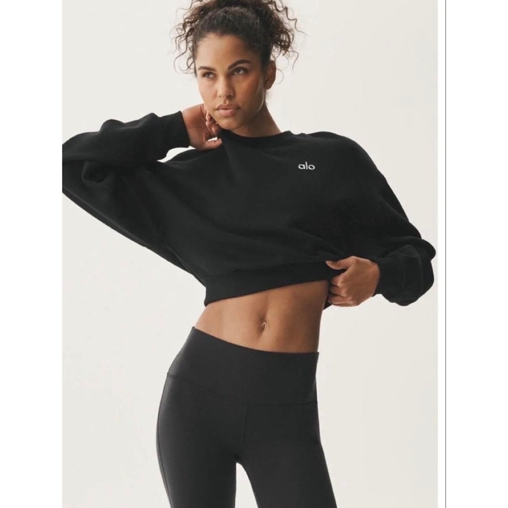 Alo Yoga Accolade Cropped Sweatshirt Black Pullover Fleece Crewneck XS S